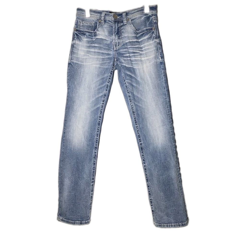 Salvage‎ Mayhem Straight Leg Jeans Mens 30R Light Wash Buckle Denim Blue Stitch